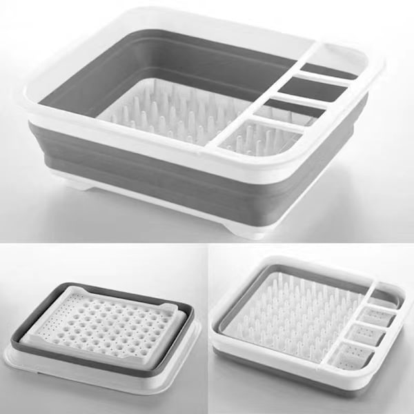 Sammenleggbart oppvaskstativ - Oppvaskstativ i plast med bestikkholder, sammenleggbart for kompakt oppbevaring, slitesterkt for tallerkener, gryter og panner, plassbesparende