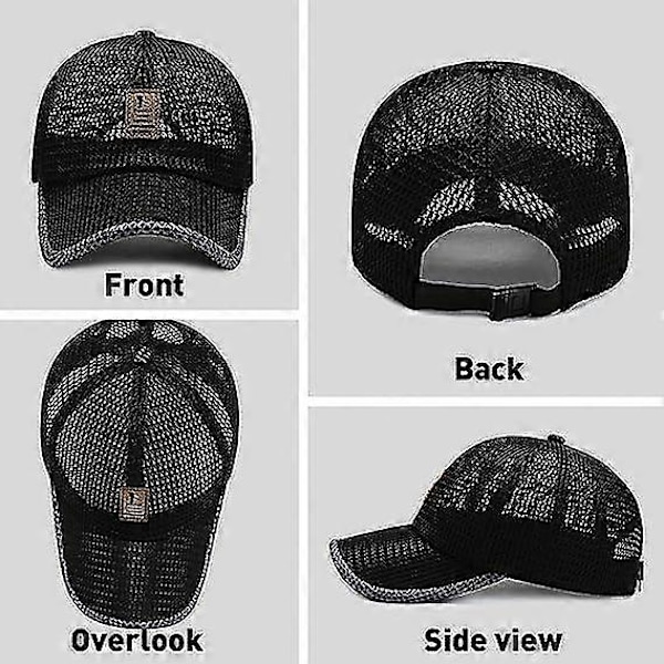 Unisex Åndbar Fuld Mesh Hat, Hurtigtørrende Løbehat, Sommer Mesh Baseball Cap Justerbar Kølende Vandsportshat Black