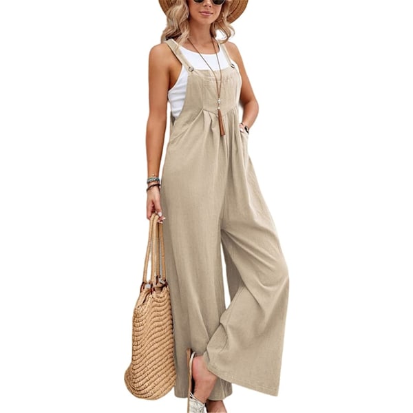 Linnedbukser til kvinder UK Wide Leg Jumpsuit med lomme Loose Fit Playsuits Sommer Boho Romper Ærmeløs Stroptop Overalls Khaki