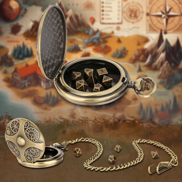 Mini Dnd Tärningsset med Brons Steampunk Kugghjul Fickur Skal, 7st Polyedriska Metall D&D Tärningsset, Rollspels Tillbehör