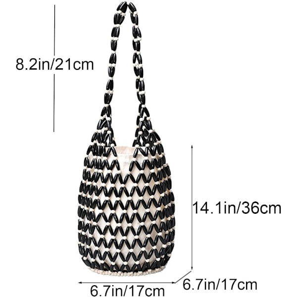 Retro Trä Axelväska Dam Vävd Pärlväska Uthålad Tygväska Casual Strand Hinkväska Black