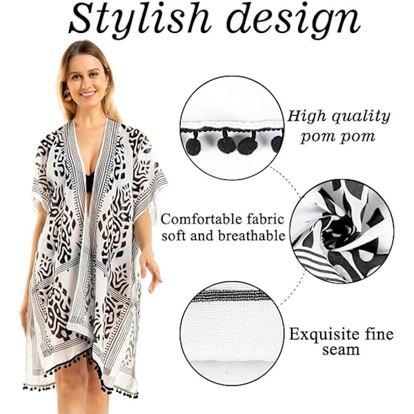 Kimono Morgonrock Kofta för Kvinnor, Plus Size Ärmlös Strand Bikini Överdrag med Pom-pom, Trendigt Löst Sittande Badkläder Omlott för Vår och Sommar 2021