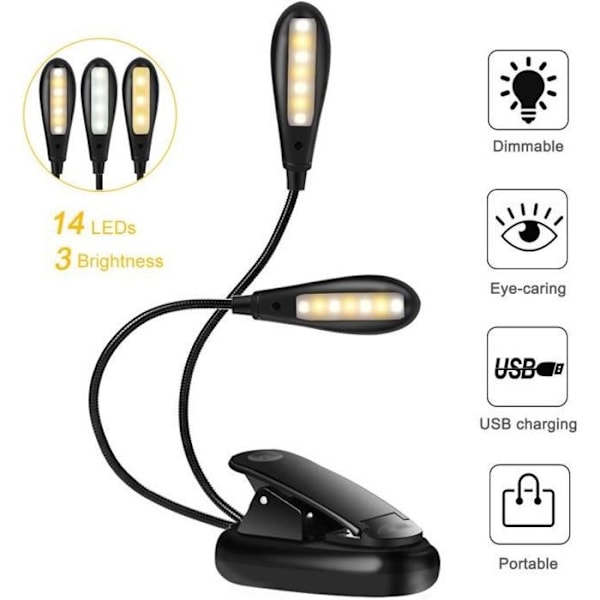 B-CWU 14 LED USB Oppladbar Fleksibel Clip-on Leselys