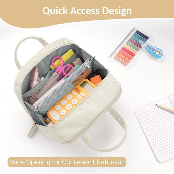 Stor pennfodral, extra stort pennfodral med 5 fack, pennfodral med bred öppning, mjuk manchester pennfodral organizer med dragkedja-beige black