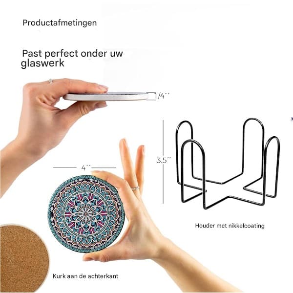 Gsedaox Coasters, korkunderlegg, 6-delt sett med mandalamønster og stativ, underleggsett
