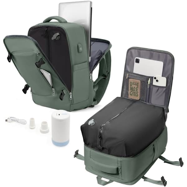 Kabinkompatibel Ryggsäck för Flygresor - USB-port, Vattentät Kabinväska - Grön