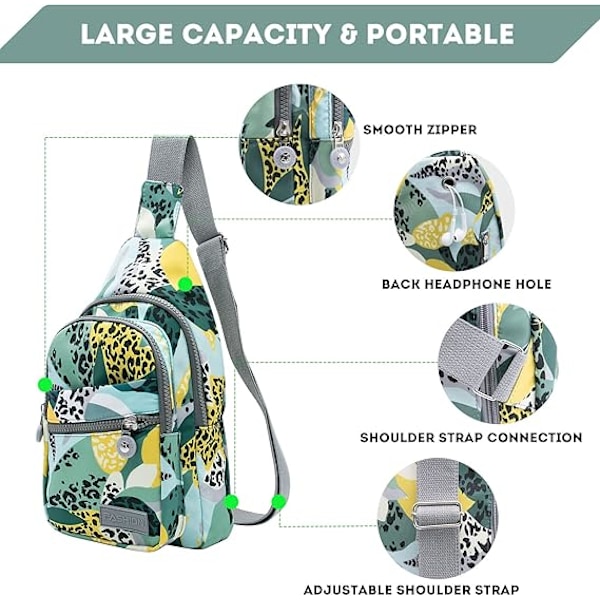 Lång Sling Bag Crossbody Väska för Kvinnor Män, Vattentät Axelväska, Liten Ryggsäck för Resor, Vandring, Löpning Leopardo verde amarillo
