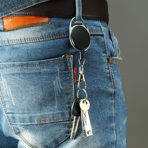 Holdbar 65 cm udtrækkelig nøglering med bælteclips, karabinhage og fjeder - Sort