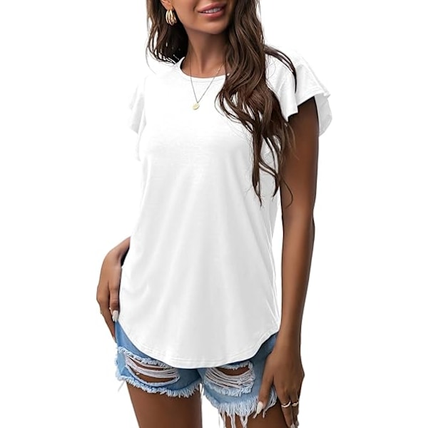 Sommertopper Strikkede Skjorter Casual Ruffle Kortermet Topp Rund Hals Tunika Tanktopper T-skjorte Bluse for Kvinner White