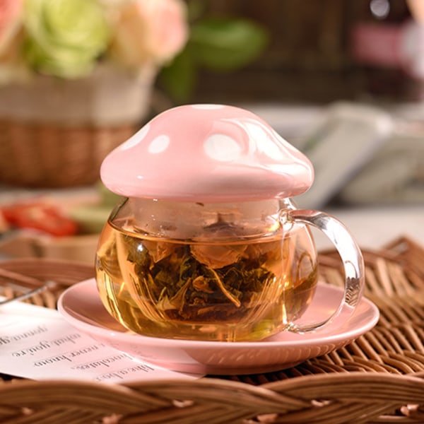 Glas Tekop Sød Svampe Krus, Klar Tekande med Keramisk Låg og Brik, Varmebestandig til Hjem og Kontor 290ml 272ml (Pink) Pink