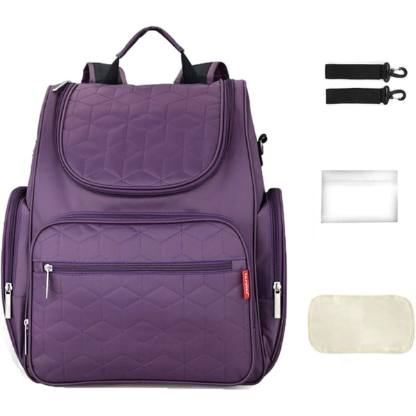 Skötväska Ryggsäck, Multifunktions Reseryggsäck, Vattentät skötväska för mammatjejer, Baby med stor kapacitet med barnvagnsremmar Purple
