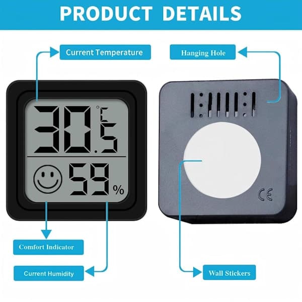 Firedelt termometer Termometer Termometer Hygrometer Stor LCD-skjerm Celsius-visning for drivhus, barnehage, hage og kjeller (hvit)