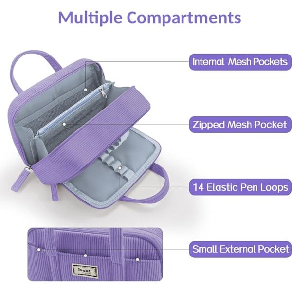 Stor pennfodral, extra stort pennfodral med 5 fack, pennfodral med bred öppning, mjuk manchester pennfodral organizer med dragkedja-beige purple