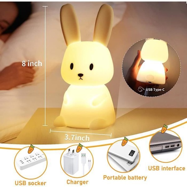 Baby Kanin Natlampe Touch 7 Farver Lys Timer Funktion Sengelampe til Børneværelse Gave Legetøj Natlampe