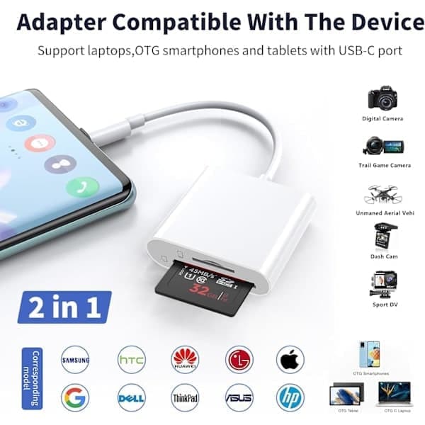 USB C Dobbelt SD-kortlæser, 2-i-1 Hukommelseskortadapter til iPhone 15 16 iPad Mac Android 2-i-1 USB C Kortlæser 2-in-1 USB C Card Reader