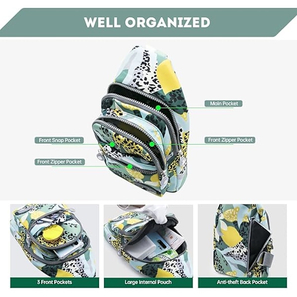 Lång Sling Bag Crossbody Väska för Kvinnor Män, Vattentät Axelväska, Liten Ryggsäck för Resor, Vandring, Löpning Leopardo verde amarillo
