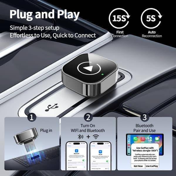 2-i-1 Trådløs CarPlay Adapter og Android Auto Smart Mini Boks, USB Plug and Play Dongle, Hurtig WiFi Forbindelse