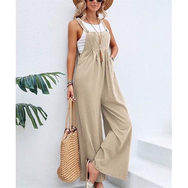Linnedbukser til kvinder UK Wide Leg Jumpsuit med lomme Loose Fit Playsuits Sommer Boho Romper Ærmeløs Stroptop Overalls Khaki