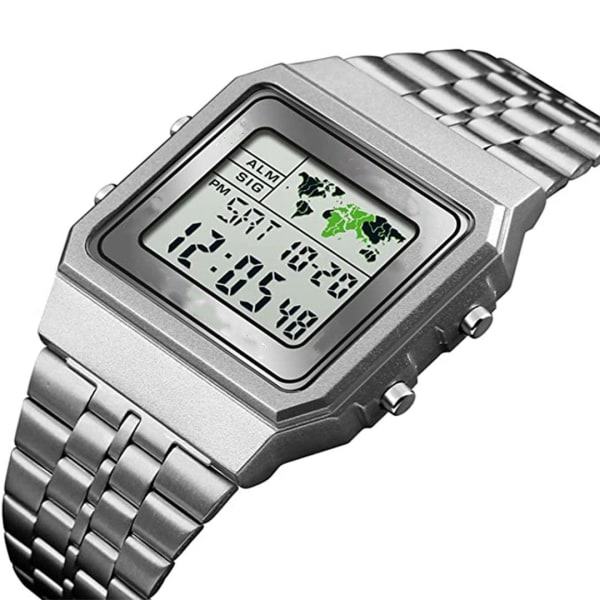Digital klocka för män Stoppur Band Alarm Världstid Datum Vecka Metall Armband Utomhus Business Klocka