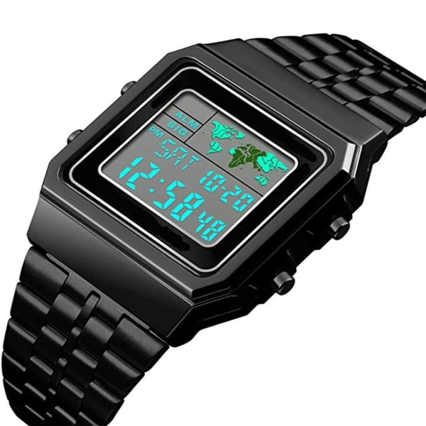 Digital klocka för män Stoppur Band Alarm Världstid Datum Vecka Metallarmband Utomhus Business Klocka