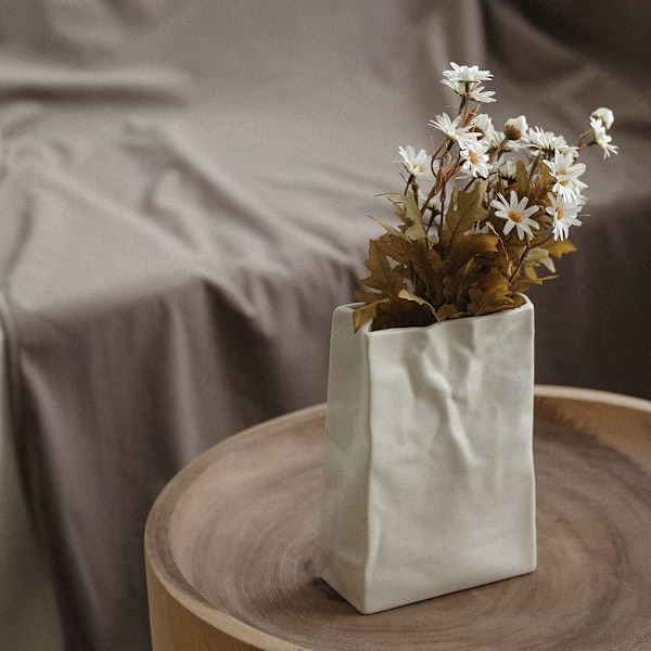 Skrynklig Papperspåse Keramisk Vas, Stor Vas för Blomsterarrangemang, Blomvas för Heminredning, Passar för Vardagsrum, Sovrum, Kök