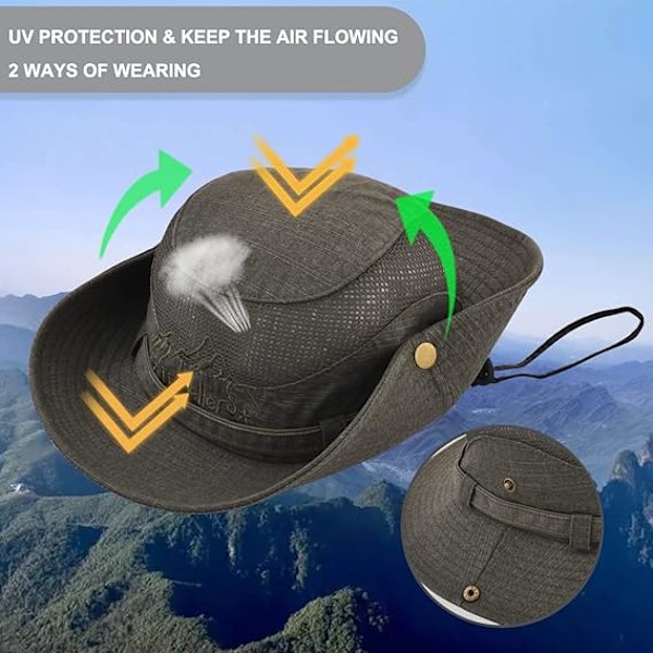 Solhatt i bomull UV-skydd Sommarhattar Strandhatt Safari Boonie Hatt Hopfällbar Fiskehatt med Andningsbart Mesh och Justerbar Hakrem Army Green