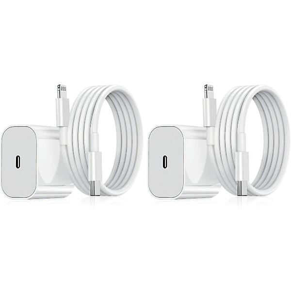 2-pakning - Lader for iPhone Adapter+Kabel 20W USB-C Hurtiglader Hvit one size
