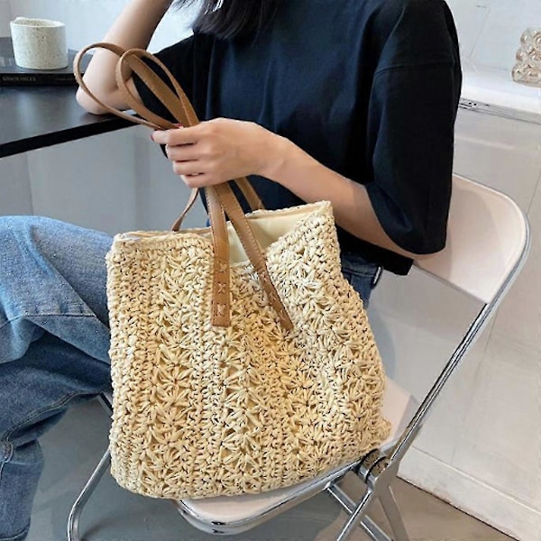 Handgjord Vävda Stor Axelväska för Kvinnor Halmväska Halmhandväska Sommar Strandväska off-white