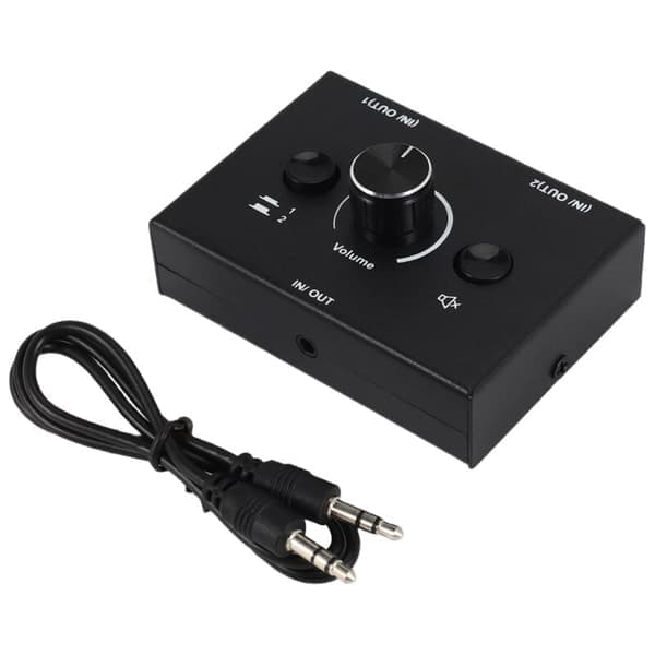 3,5 mm lydvælger, 2 ind 1 ud / 1 ind 2 ud lydsplitter, switchboks med én-tasts mute