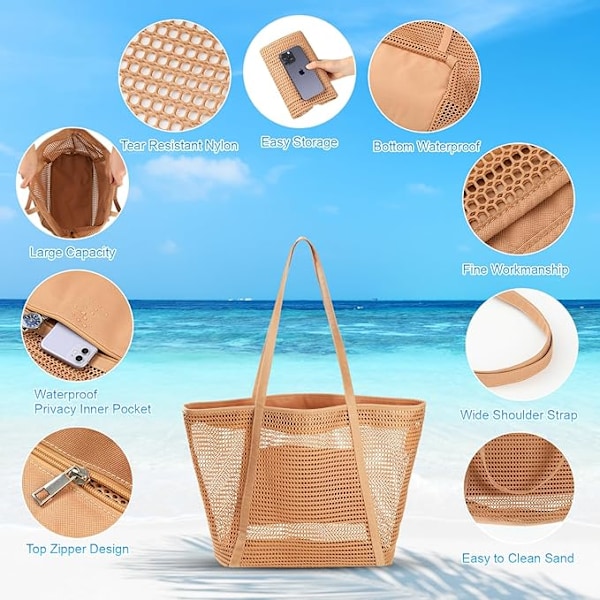 Stor Mesh Strandtaske med Indvendig Lynlåslomme, Foldbar Indkøbstaske, Strand Mesh Tote, Skuldertaske til Kvinder