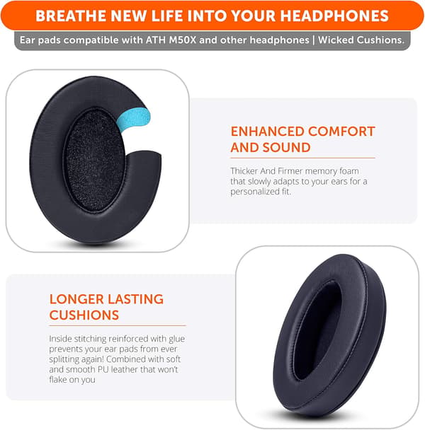 Wicked Cushions Oppgraderte erstatningsøreputer for ATH M50X - Passer Audio Technica M40X / M50XBT / HyperX Cloud & Cloud 2 / SteelSeries Arctis 3/5 / 7 /