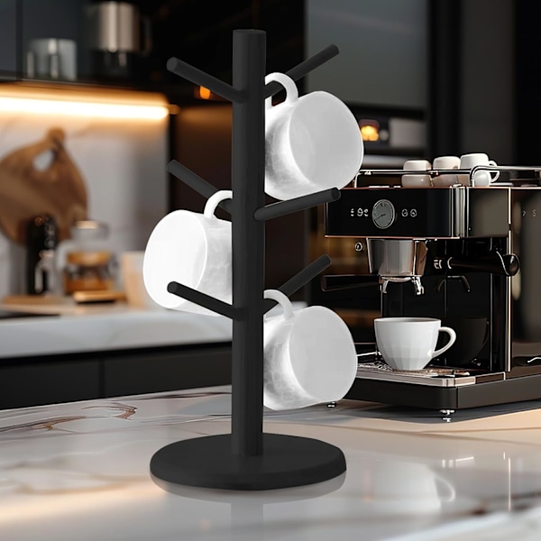 Kaffekrus Holder med 6 Kroge, Krusholder Stativ Kaffekrus Holder Sort Bambus Kopholder med Forstærket Base, Krusholder, Kaffekopholder, (Sort)