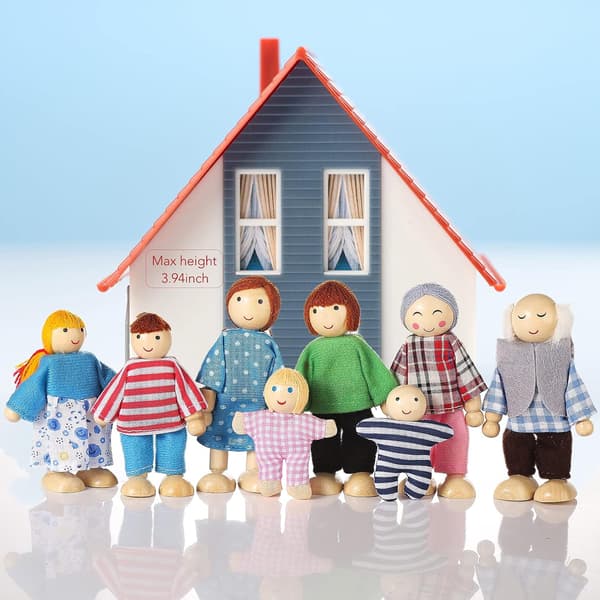 Trähus Docka Människor 8 Figurer, Dockfamilj Set Flickor Småbarn Dockhus Tillbehör Leksaker