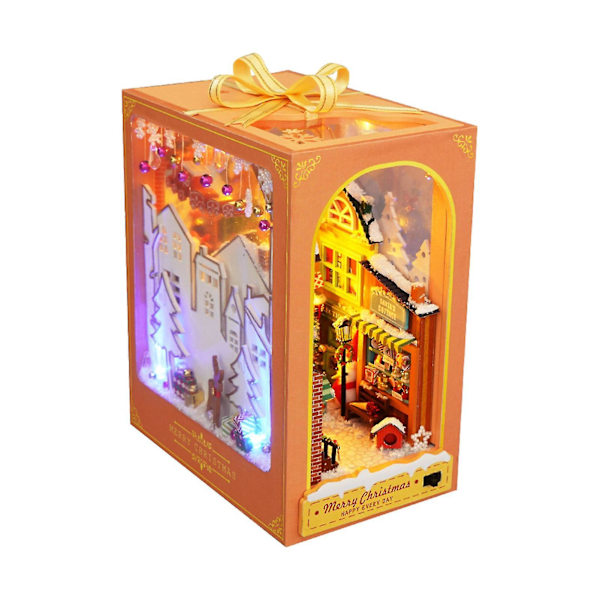 Kirjahyllysetti DIY Kirjahyllyyn Sisustus 3D-Palapeli Miniatyyri Puinen Kirjanpääty LED-Valolla Pieni Kirjasto Koti Nukkekoti Christmas Wonderland