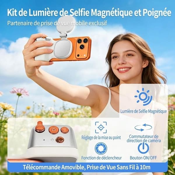 Magnetisk smartphone-greb, magnetisk greb og selfielys (iPhone og Android) med trådløs udløser