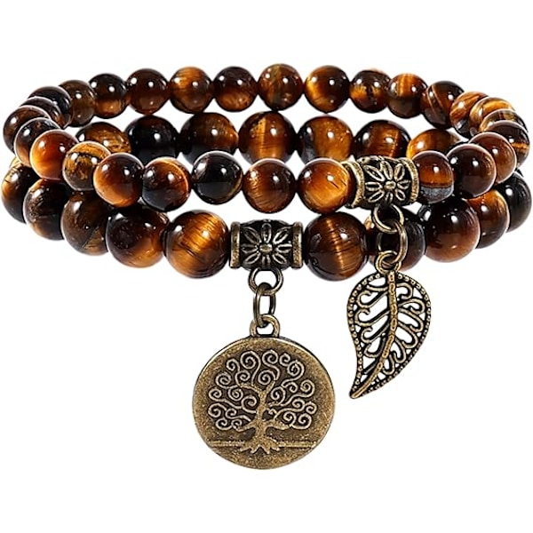 Armband för kvinnor - Kristallarmband Kvinnor Naturliga ädelstenar Yoga Reiki Armring - En uppsättning dubbla armband Brown Tiger Eye Stone & LifeTree