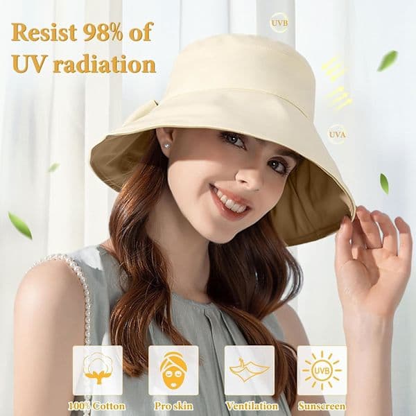 Beige, Damehat Sommer Foldbar Capeline Solhat Anti UV Bomuld