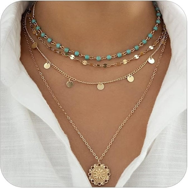 Flerskiktade Boho-halsband för kvinnor Trendigt guldfärgat flerskiktat halsband Stack Bohemian Turkos Pärlhalsband