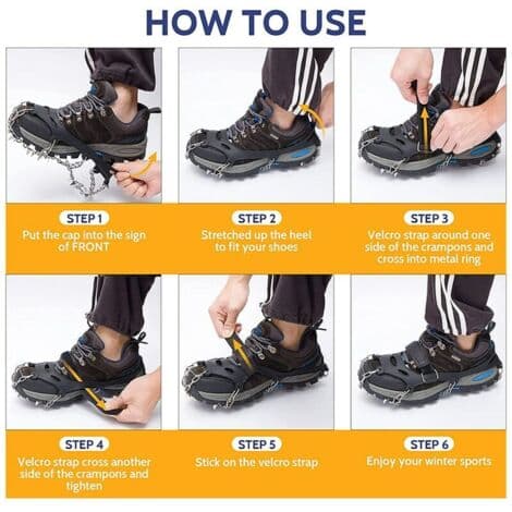 24-punkts ispigge i rustfrit stål – Anti-slip til sko – Optimalt greb på sne og is – Sort