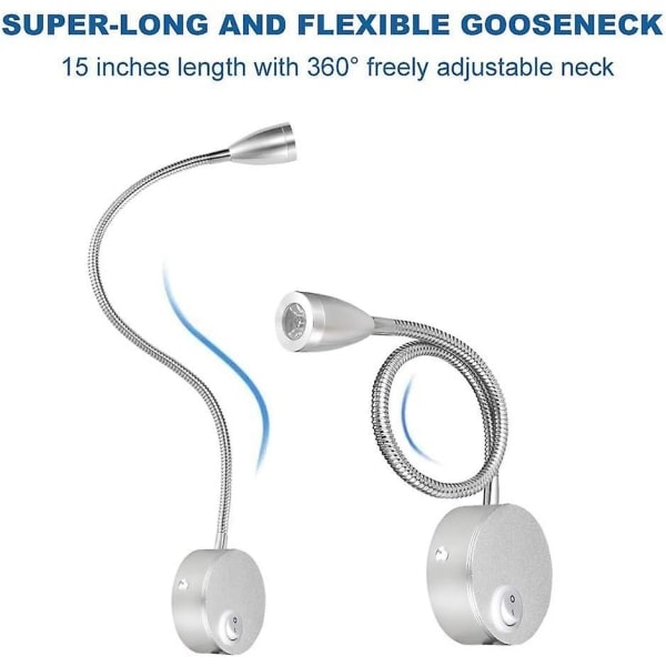 Læselampe, 1 LED sengelampe, vægmonteret ved siden af aluminiumslampen, hvidt lys, 200 lumen/3000k/3w, strålevinkel: 30, svanehalslængde: 38cm