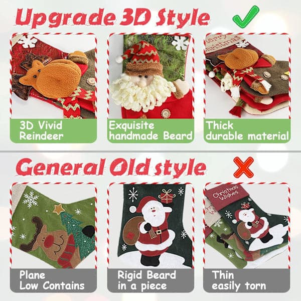 Julestrømper sæt med 3, store julestrømper 3D håndlavede personlige julestrømper