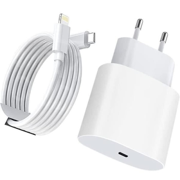 20W Hvid Hurtigoplader - USB C til Lightning - 2m Længde - Opladerblok + Kabel - Kompatibel med iPhone/iPad
