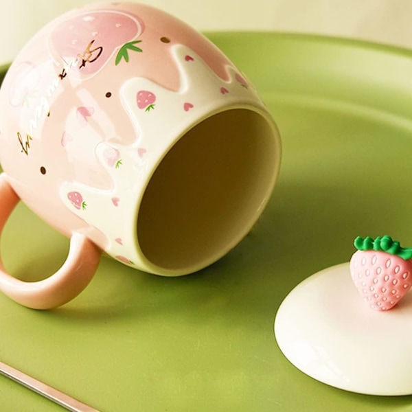 Søde Jordbærkrus Pink Kaffekrus Keramisk kawaii Kop Morgen Te Mælk Frugt Krus med Dejligt Låg Rustfri Stål Ske