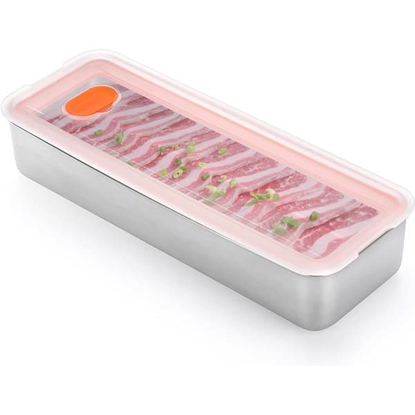 Baconbeholder med låg, 304 rustfrit stål kødboks, stabelbare madopbevaringsbeholdere, køleskabsarrangør til bacon, ost, kød