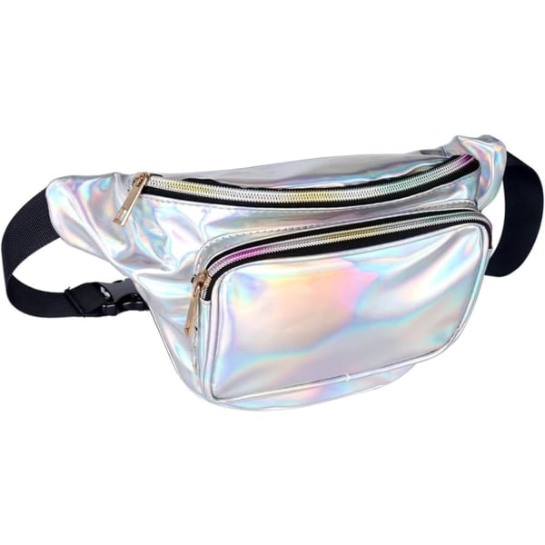Holografisk midjeväska, PU vattentät glänsande midjeväska, med justerbart bälte för resor, fest, löpning silver