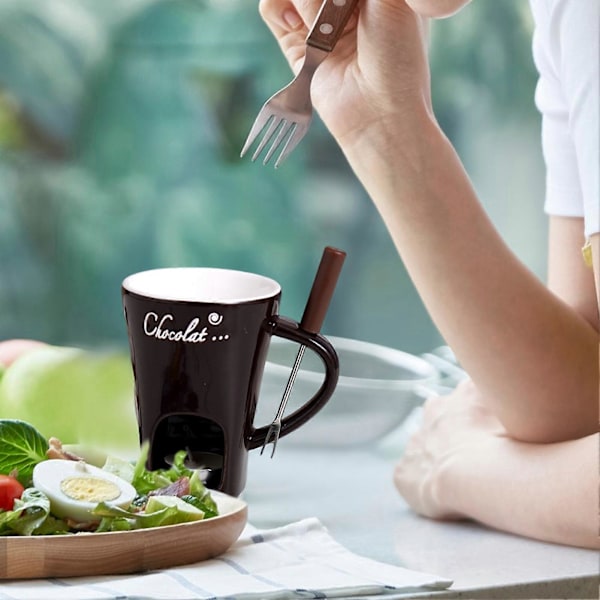 Choklad Fondue Mug 130ml Keramisk Choklad Fondue Kaffeekopp med Gafflar Smältmuggar för Choklad Ost Smör Lätt att Rengöra Mångsidig Smältkopp Brown