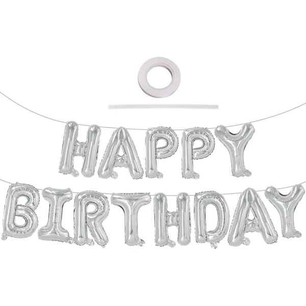 Sølv Happy Birthday Ballonger Banner, 16 Tommers Mylar Folie Bokstaver Skilt Vimpel Gjenbrukbar for Jenter Gutter Barn
