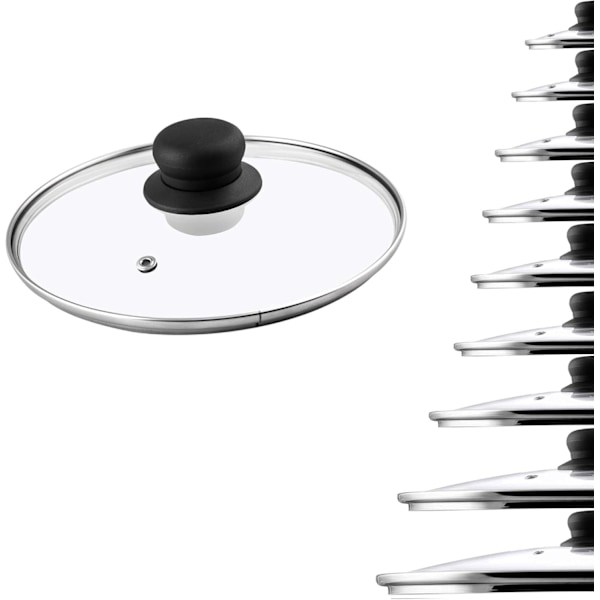 Glaslåg med plasthåndtag, damphul, varmebestandigt, til gryde, pande, universallåg i forskellige størrelser, transparent (16 cm) 16cm