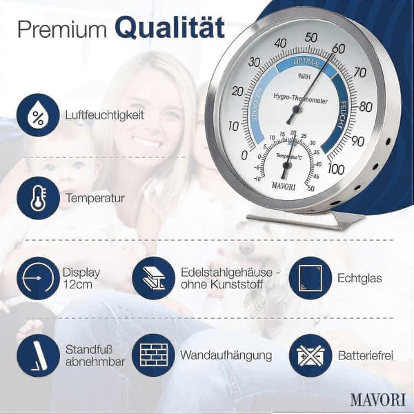 Analog hygrometertermometer til indendørs brug - Hygrometer og rumtermometer i rustfrit stål