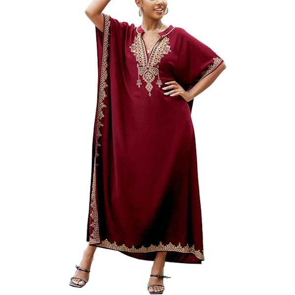 Kaftan med blomsterbroderi, bohemisk strandklänning, bikiniöverdrag, lång strandkaftan för kvinnor